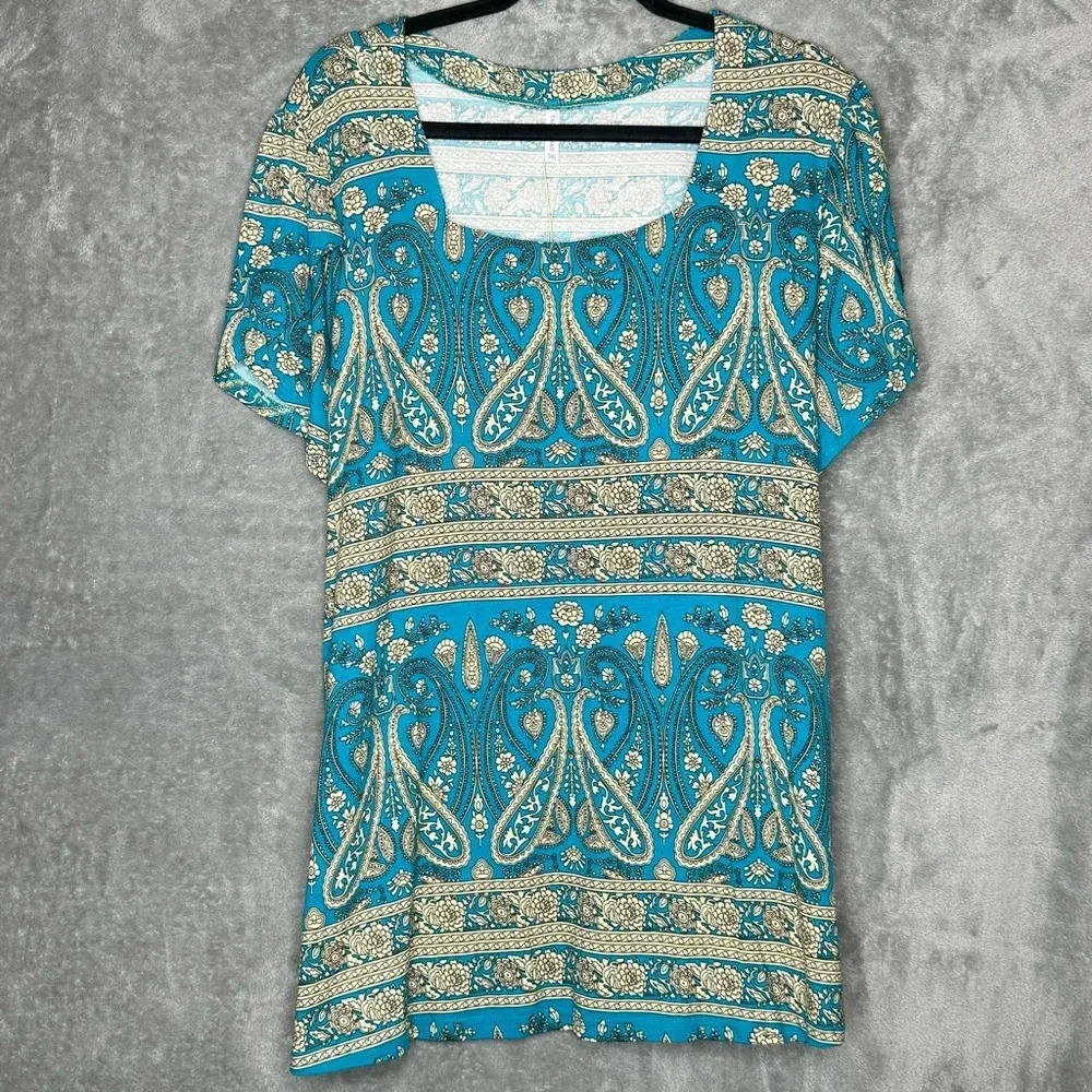 Taohuadao 3X Shirt Top Blue Brown Paisley Short Sleeve Square Neck Stretch Knit